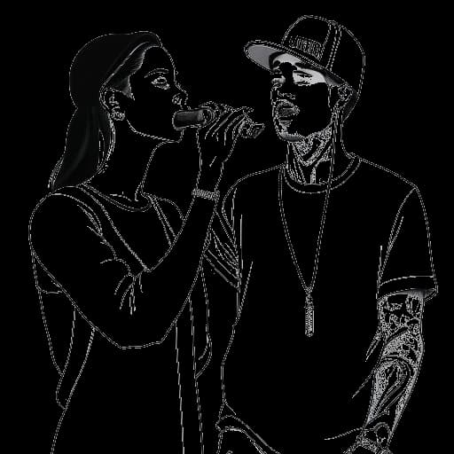 Desenho em arte linear de Kehlani e Justin Bieber lado a lado, segurando microfones e cantando juntos.