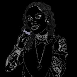 Desenho em arte linear de Kehlani segurando um microfone, cercada por corações representando amor e família.