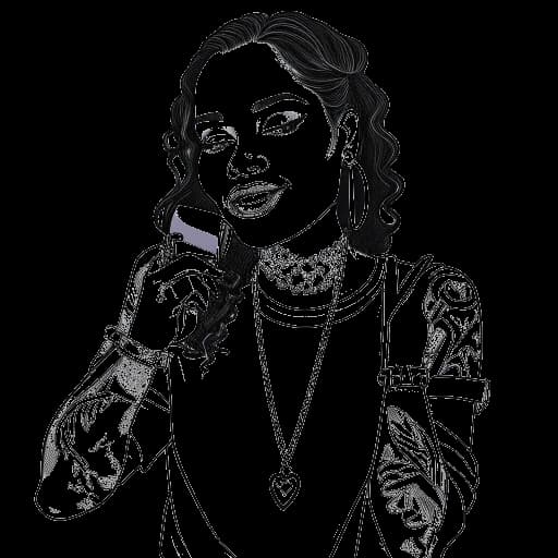 Desenho em arte linear de Kehlani segurando um microfone, cercada por corações representando amor e família.