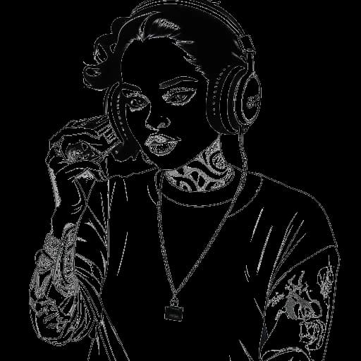 Desenho em arte linear de Kehlani segurando uma mixtape, com notas musicais circulando ao redor dela.