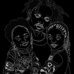 Desenho em arte linear de Kehlani, seu parceiro Javaughn Young-White, e sua filha Adeya Nomi, juntos como uma família amorosa.
