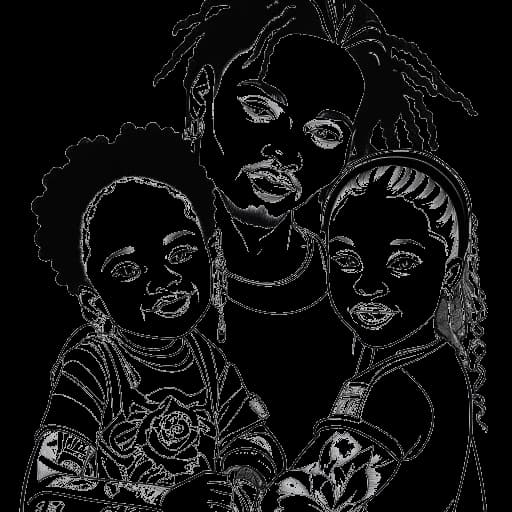 Desenho em arte linear de Kehlani, seu parceiro Javaughn Young-White, e sua filha Adeya Nomi, juntos como uma família amorosa.