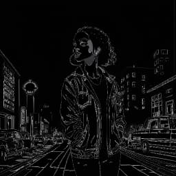 Desenho em arte linear de Kehlani sozinha em uma rua da cidade à noite, com um holofote brilhando sobre ela.