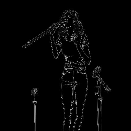 Un dibujo de una línea de una mujer sosteniendo un micrófono en un escenario, rodeada de signos de dólar flotantes, representando la carrera musical y el éxito financiero de Kehlani.