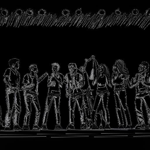 Dibujo de arte lineal de un grupo de jóvenes, representando a la banda Poplyfe de Kehlani, actuando en un escenario.