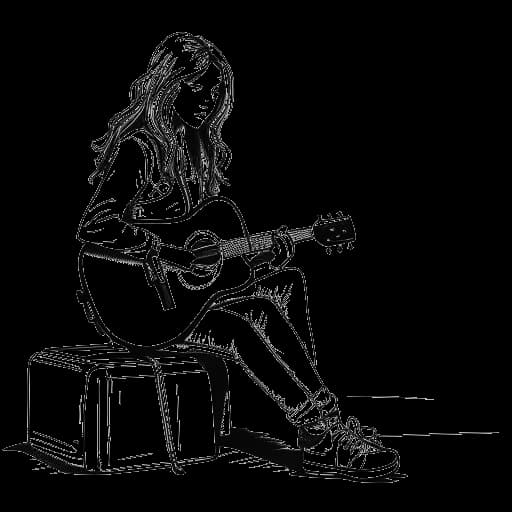 Dibujo de arte lineal de una mujer, representando a Kehlani, sentada en la calle con un estuche de guitarra.