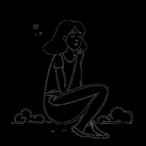 Dibujo de arte lineal de una mujer, representando a Kehlani, sentada sola y triste con un globo de pensamiento que contiene un corazón roto.
