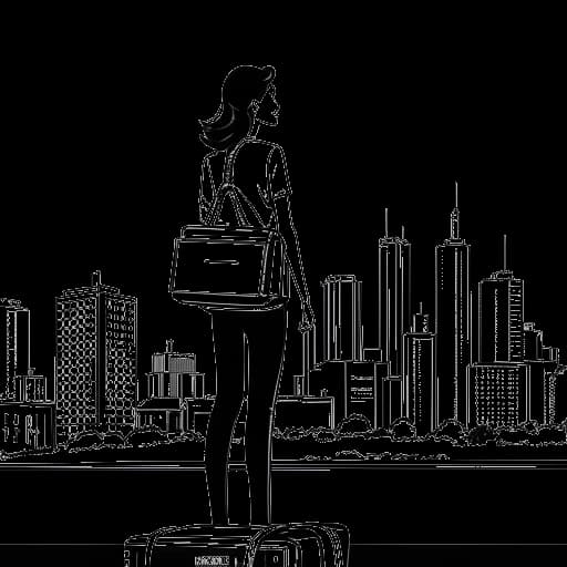 Dibujo de arte lineal de una mujer, representando a Kehlani, sosteniendo una maleta y de pie frente al horizonte de una ciudad.