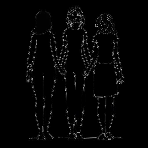 Dibujo de arte lineal de una mujer, representando a Kehlani, de pie entre dos personas tomadas de la mano con ambas.