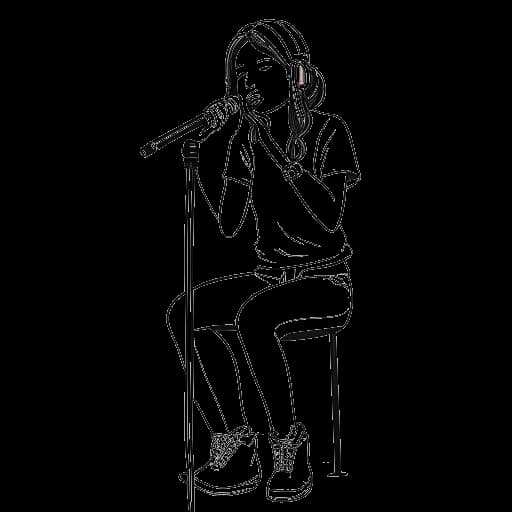 Dibujo de arte lineal de una chica, representando a Kehlani, con la rodilla vendada sosteniendo un micrófono.
