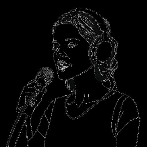 Dibujo de arte lineal de una mujer, representando a Kehlani, sosteniendo un micrófono y vistiendo auriculares.