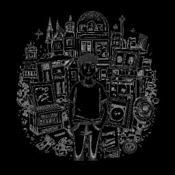 Lijntekening die een jongen voorstelt, symbool voor Jack Doherty, vol vertrouwen te midden van verschillende architecturale modellen, houdt hoog een YouTube 'Afspelen'-knop vast, dit illustreert zijn inkomstenbronnen, dit alles op een witte achtergrond.
