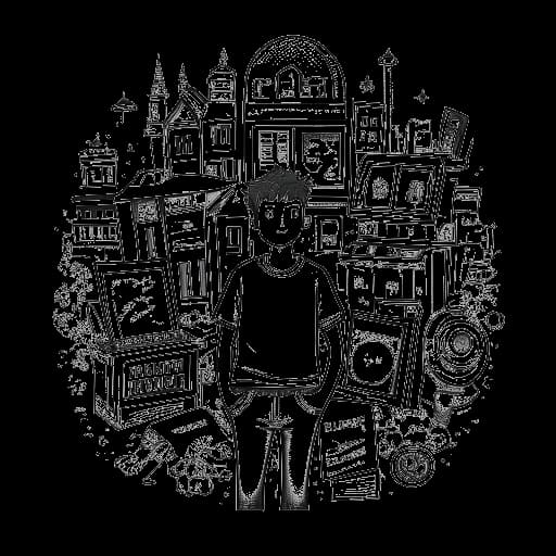 Lijntekening die een jongen voorstelt, symbool voor Jack Doherty, vol vertrouwen te midden van verschillende architecturale modellen, houdt hoog een YouTube 'Afspelen'-knop vast, dit illustreert zijn inkomstenbronnen, dit alles op een witte achtergrond.