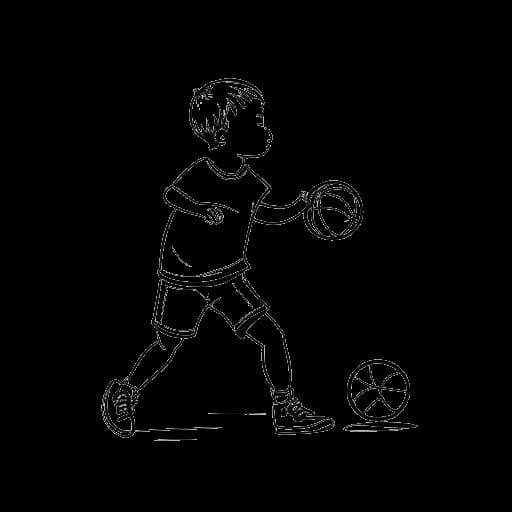 Line art drawing of a child, representing Jack Doherty, playing baseball and basketball