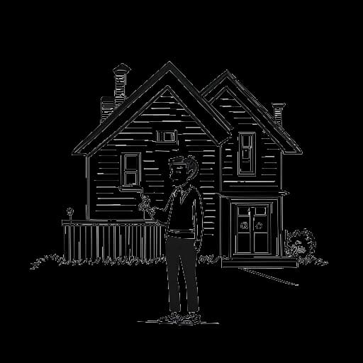Line art drawing of a teenager, representing Jack Doherty, holding a key in front of a house