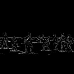 Strichzeichnung eines Mannes, der Kolja Barghoorn repräsentiert, eine Gruppen-Fitnesssession am Strand leitend, während Anhänger verschiedene Workout-Routinen ausführen.