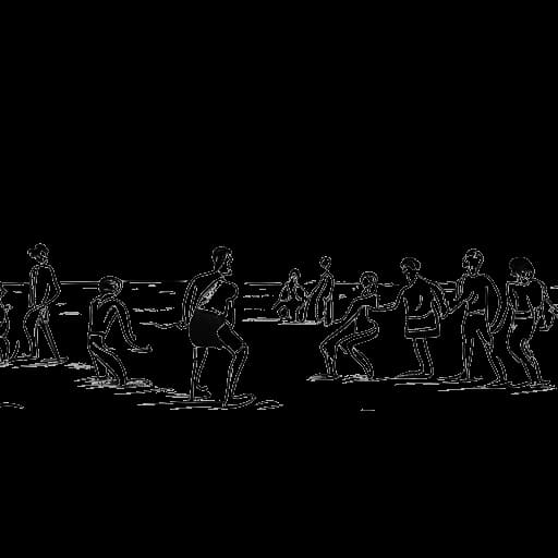 Strichzeichnung eines Mannes, der Kolja Barghoorn repräsentiert, eine Gruppen-Fitnesssession am Strand leitend, während Anhänger verschiedene Workout-Routinen ausführen.
