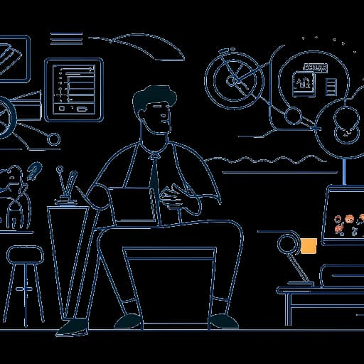 Strichzeichnung eines Mannes, der Kolja Barghoorn verkörpert und Fitnesstraining, YouTube-Finanzmoderation, Buchschreiben und Investitionstätigkeiten jongliert. Das Bild zeigt Gewichte als Symbol für Fitness, eine Kamera zum Filmen, ein Buch für die Autorenschaft und Börsendiagramme für das Investieren vor einem vielfältigen Hintergrund, der mehrere Branchen repräsentiert.