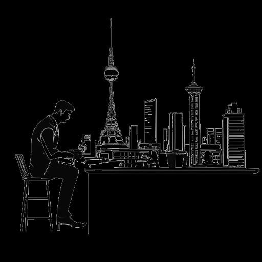 Strichzeichnung eines Mannes, der in einem gehobenen Swingerclub arbeitet und Kolja Barghoorn darstellt, mit der Berliner Skyline im Hintergrund.