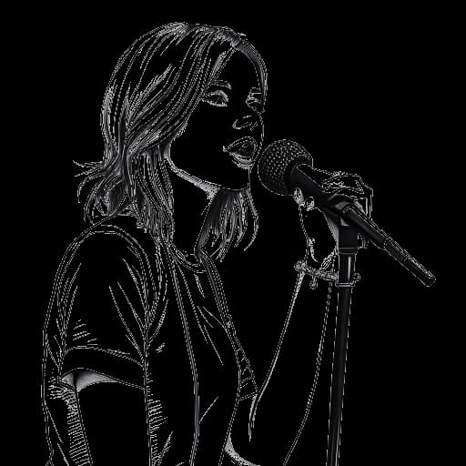 Desenho de arte em linha de uma jovem mulher, representando Hayley Williams, segurando uma Bíblia, em frente a um microfone