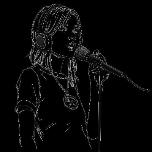 Desenho de arte em linha de uma adolescente, representando Hayley Williams, segurando um disco de vinil, em frente a um microfone