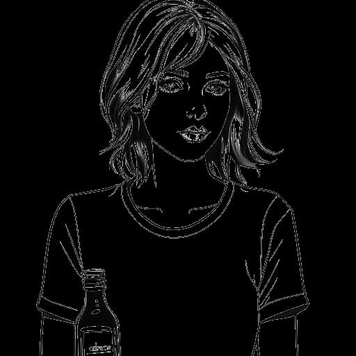Desenho de arte em linha de uma jovem mulher, representando Hayley Williams, segurando um frasco de tintura de cabelo, em frente a um salão de cabeleireiro