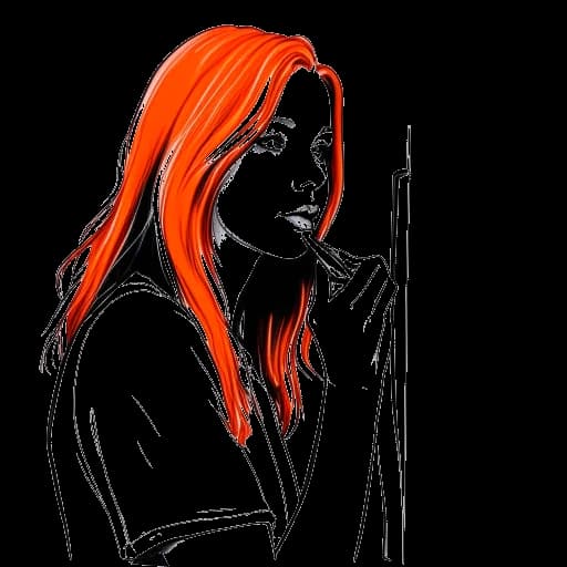 Desenho de arte em linha de uma jovem mulher, representando Hayley Williams, com longos cabelos laranja, em frente a um espelho, com uma escova na mão