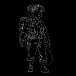 Strichzeichnung eines jungen Mädchens, das Mckenna Grace repräsentiert, mit Ghostbusters-inspirierter Ausrüstung und einem Protonenpack, selbstbewusst mit einem Glanz hinter sich stehend.