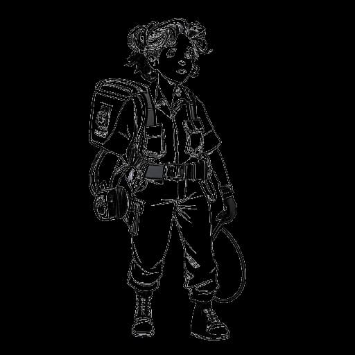 Strichzeichnung eines jungen Mädchens, das Mckenna Grace repräsentiert, mit Ghostbusters-inspirierter Ausrüstung und einem Protonenpack, selbstbewusst mit einem Glanz hinter sich stehend.