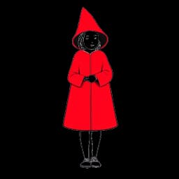 Strichzeichnung eines jungen Mädchens, das Mckenna Grace repräsentiert, das das ikonische rote Handmaid-Outfit trägt und trotzig mit erhobener Faust steht.