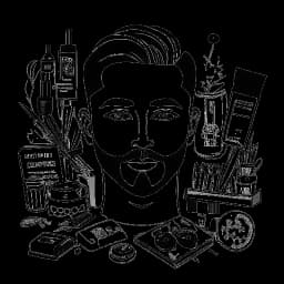 Line art drawing of a man, representing Dhar Mann. He is shown surrounded by makeup products and cameras, symbolizing his successful launch of LiveGlam and Dhar Mann Studios. The image is in black and white against a white backdrop.