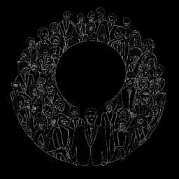 Line art drawing of a man, representing Dhar Mann. He is shown surrounded by diverse entrepreneurs and a large dollar sign, symbolizing his Project 25 initiative and his commitment to helping businesses succeed. The image is in black and white against a white backdrop.