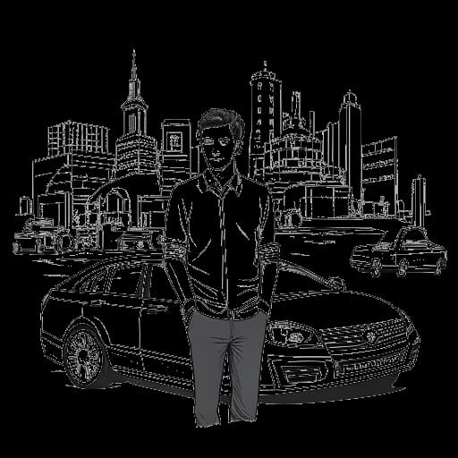 Line art drawing of a young man, representing Dhar Mann. He is shown surrounded by property blueprints and taxi cars, representing his ventures into real estate and the taxi industry. The image is in black and white against a white backdrop.
