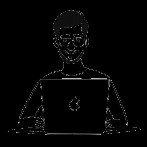Line art drawing of a man, representing Dhar Mann. He is shown with a laptop and a YouTube play button, symbolizing his YouTube success and influence. The image is in black and white against a white backdrop.