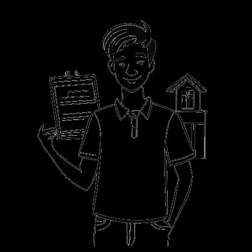 Dessin en ligne d'un jeune Dhar Mann tenant une pancarte immobilière, dégageant de la confiance.