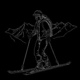 Dessin en noir et blanc d'un gardien représentant Manuel Neuer, portant des équipements de ski et tenant des bâtons de ski, avec un paysage montagneux en arrière-plan.
