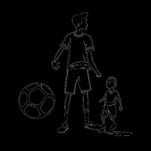 Strichzeichnung eines Mannes, der Manuel Neuer darstellt, der einen Fußball hält, mit einem 'Die Arche'-Logo und Kindern im Hintergrund, auf weißem Hintergrund