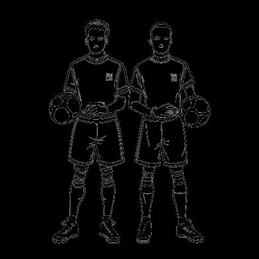 Strichzeichnung von zwei Zwillings-Torhütern, die Manuel Neuer und Marcel Neuer darstellen, mit Fußbällen in ihren Händen, auf weißem Hintergrund