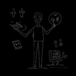 Strichzeichnung eines Mannes, der Rezo symbolisiert, mit musikalischen Noten und digitalen Geräten, was den Beginn seiner YouTube-Reise und den Gewinn des 'Best Newcomer of the Year' illustriert. Die Darstellung ist vor einem klaren weißen Hintergrund platziert.
