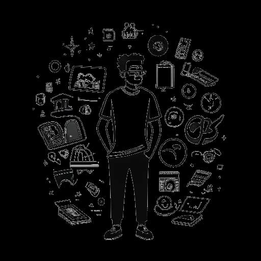 Strichzeichnung eines Mannes, der Rezo darstellt, selbstbewusst nach vorne blickend. Zu erkennen sind der ikonische YouTube-Play-Button, verschiedene Start-up-Logos und diverse Produkte, die seine vielfältigen Einnahmequellen veranschaulichen.