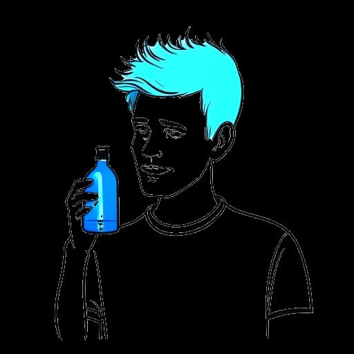 Strichzeichnung eines Mannes mit blauen Haaren, der eine Flasche Haarfärbemittel hält, die Rezos charakteristischen Look repräsentiert