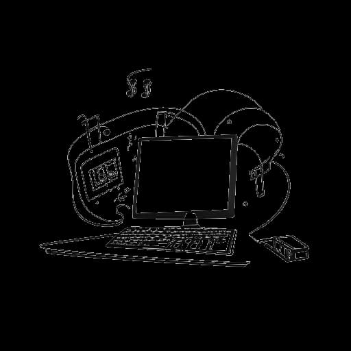 Strichzeichnung eines Computers und einer Musiknote, die Rezos Bildungshintergrund repräsentieren