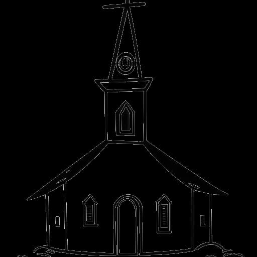 Strichzeichnung einer Kirche mit einem Fragezeichen und einem durchgestrichenen Kreuz, die Rezos nicht-religiösen Hintergrund repräsentiert