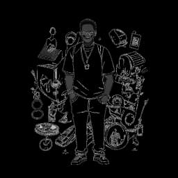 Een lijntekening van een man die Tyga vertegenwoordigt, waarbij zijn reis in de muziekindustrie, samenwerkingen en kledingontwerp worden getoond, allemaal weerspiegeld in zijn diverse achtergrond en inkomstenbronnen, tegen een witte achtergrond.