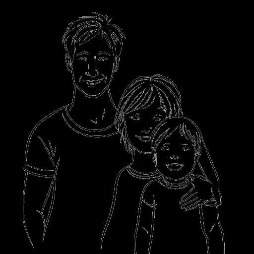 Strichzeichnung eines Mannes und einer Frau, die Julienco und Bianca repräsentieren, mit ihren beiden Kindern