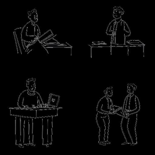 Strichzeichnung eines Mannes, der Julienco repräsentiert, in drei verschiedenen Settings: ehrenamtlich tätig, an der Universität und in einem Versicherungsbüro arbeitend