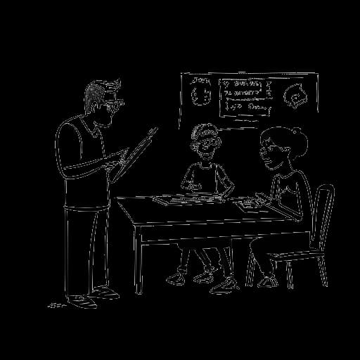 Strichzeichnung von zwei Lehrern, die Juliencos Eltern repräsentieren, der eine Sport und der andere Ethik unterrichtet, mit einem Schüler