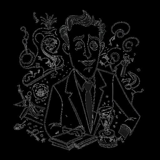 Disegno in bianco e nero di un uomo, che rappresenta Ryan Reynolds, impegnato in attività eccentriche al di là del successo cinematografico, incarnando perseveranza, talento e bizzarria