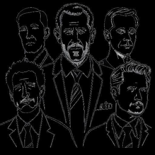 Desenho de arte linear de um homem, incorporando Ryan Reynolds em seus famosos personagens de filme e negócios. A ilustração retrata suas diversas fontes de receita e escolhas de carreira versáteis em meio a um cenário em preto e branco.