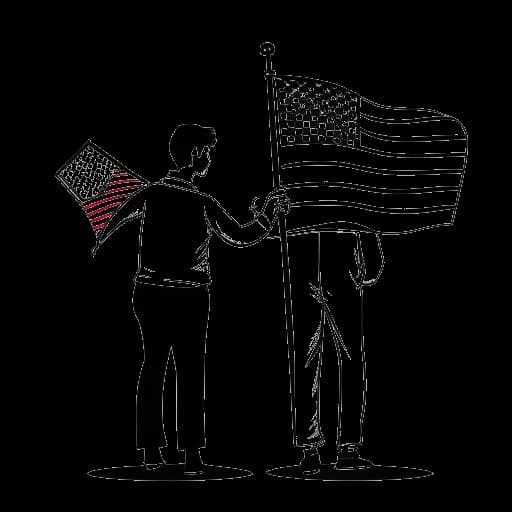 Desenho em arte linear de Ryan Reynolds segurando uma bandeira americana e uma bandeira canadense